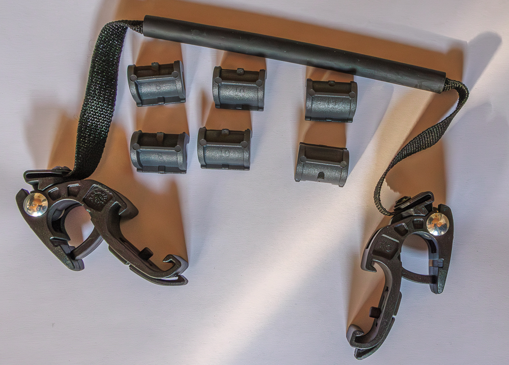 QuickLock 2.1 Haken mit Griff.Mit den beiliegenden Eins&auml;tzen k&ouml;nnen die Krallen an Rohrdurchmessern von 8 mm, 10 mm und 12 mm angepasst werden