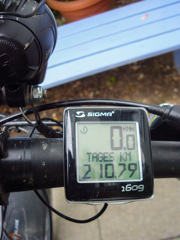 Auf den letzten Kilometern hat es leicht getr&ouml;pfelt, deshalb nur noch das Abschlussfoto mit den Tageskilometern