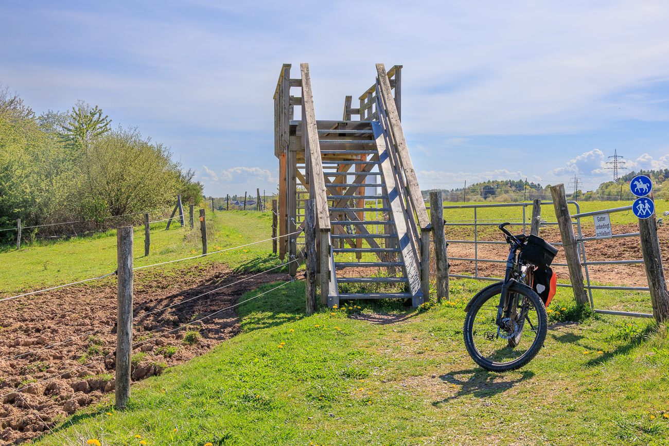 Wer das Fahrrad nicht über die Brücke tragen möchte muss durch das Gatter zu den wilden Tieren ...